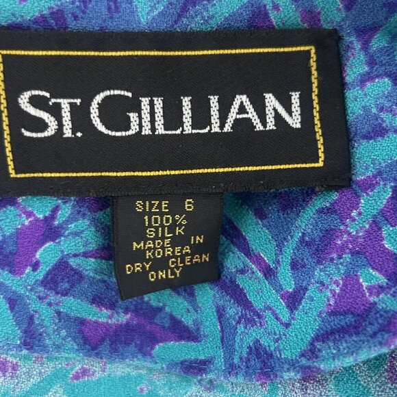 St. Gillian Vintage 80s Blue Purple Print 100% Silk Military Shirt Dress Size 6 - Picture 4 of 10